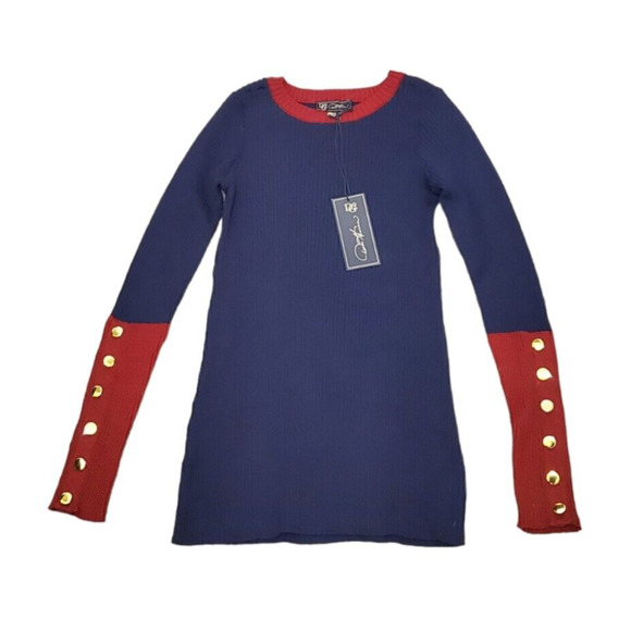 DG2 Diane Gilman Sweater Ribbed Gold Buttons Stretch Blue Maroon Women XS NEW - Picture 1 of 4